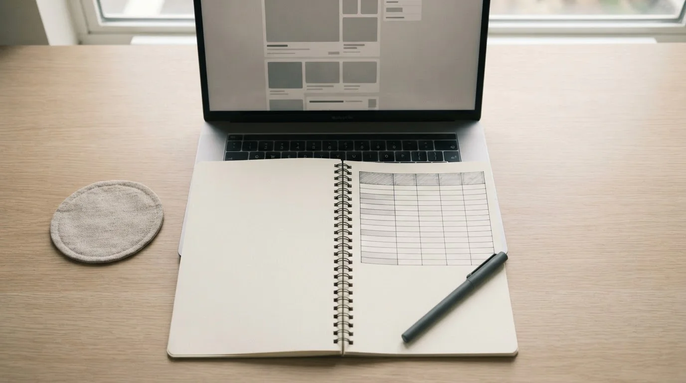 Draufsicht auf Schreibtisch mit Vergleichstabelle und Laptop