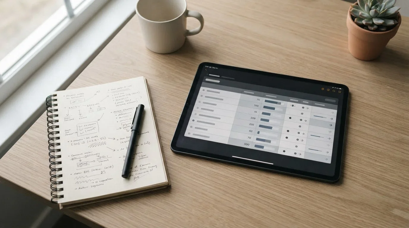 Arbeitsplatz mit Notizen und Tablet beim Vergleich verschiedener Wettanbieter