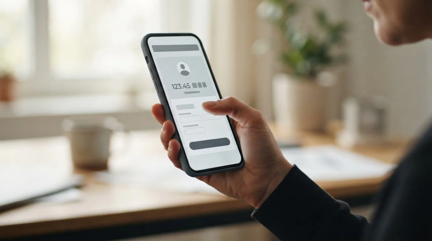 Hand hält Smartphone während einer mobilen Zahlung mit neutraler App-Oberfläche